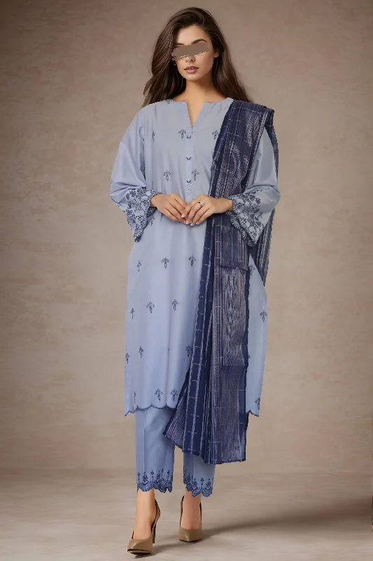 Solid Embroidered Cotton Stitched 3 Piece