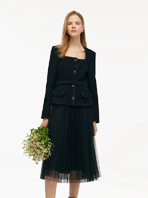 Wool Crop Jacket And Tulle Skirt Two-Piece Set With Belt