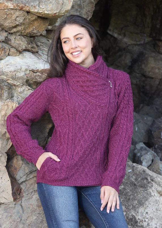 Claddagh Side Zip Aran Cardigan | Raspberry