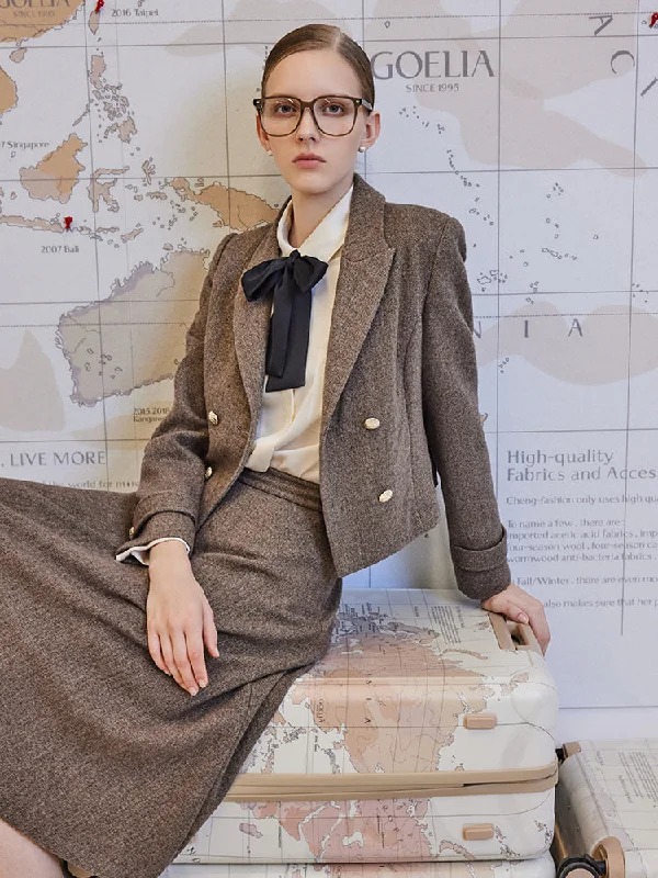 Washable Wool Crop Jacket And A-Line Skirt Two-Piece Set