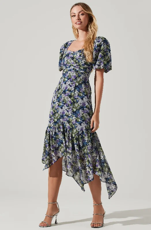 Floral Short Sleeve Asymmetrical Hem Midi Dress