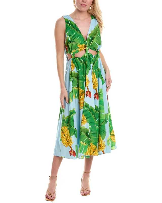 FARM Rio Fresh Bananas Cutout Linen-Blend Midi Dress