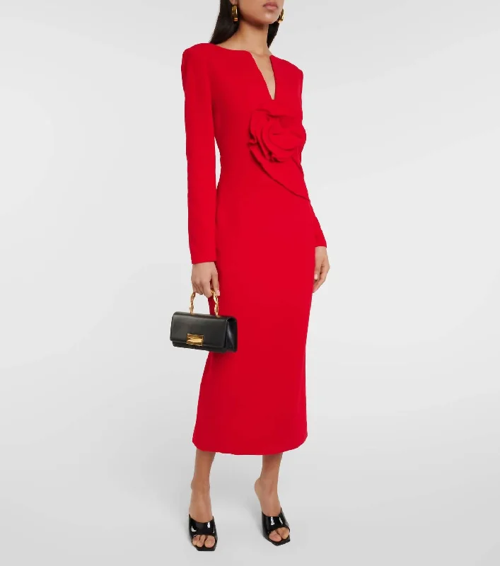 Floral Appliqué Wool Crepe Midi Dress In Red