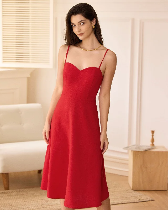 The Red Sweetheart Neck Slip Midi Dress