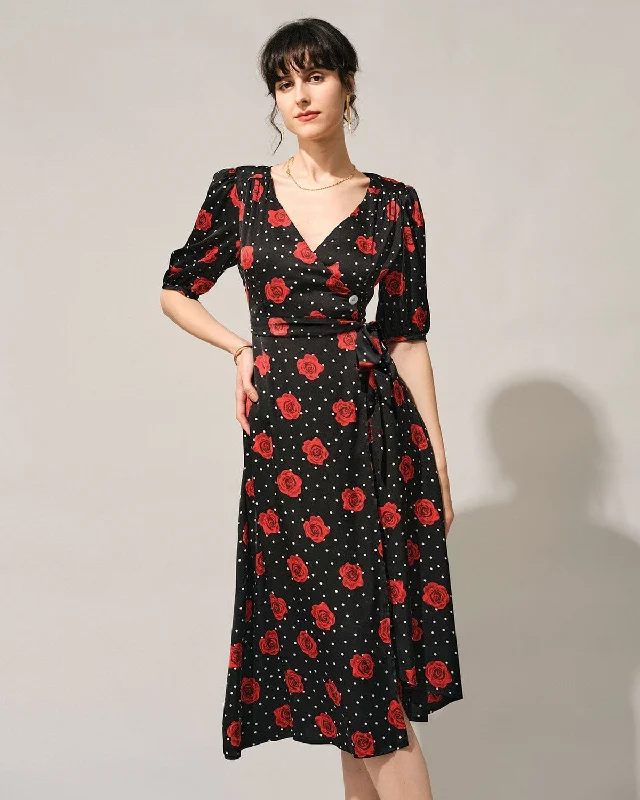 The V Neck Puff Sleeve Floral Wrap Midi Dress