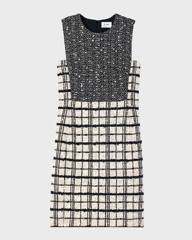 Bonded Multi Slub Plaid Tweed Knit Mini Dress