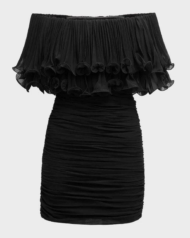 Milan Ruched Off-Shoulder Ruffle Mini Dress