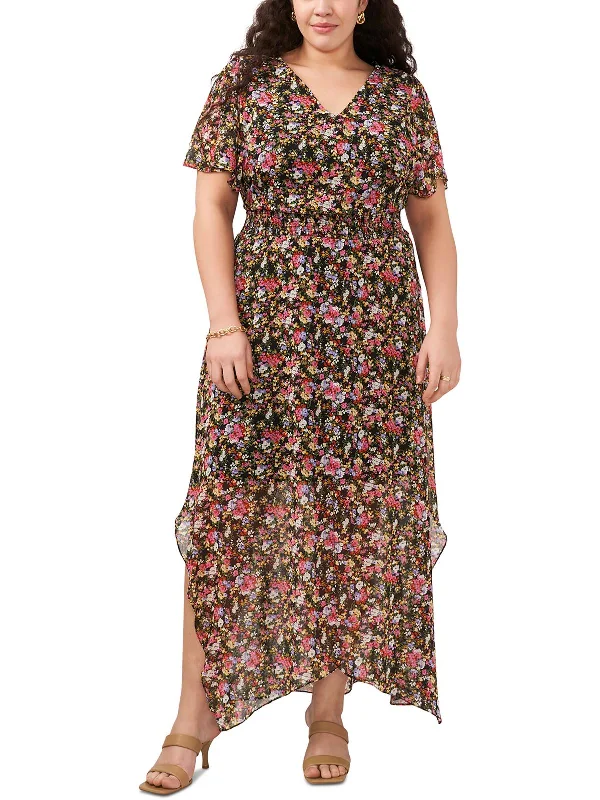 Plus Womens Chiffon Floral Print Maxi Dress