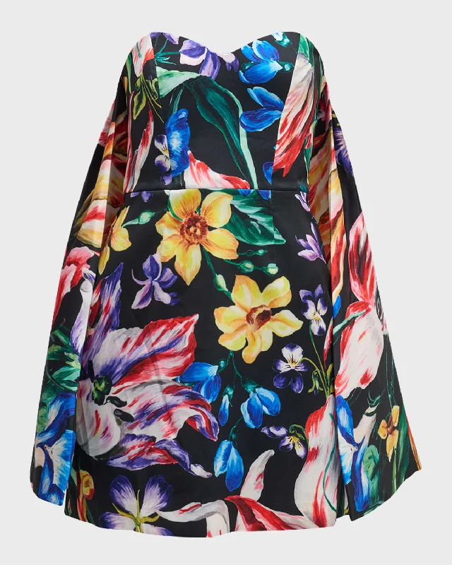 Strapless Floral-Print Cape Mini Dress