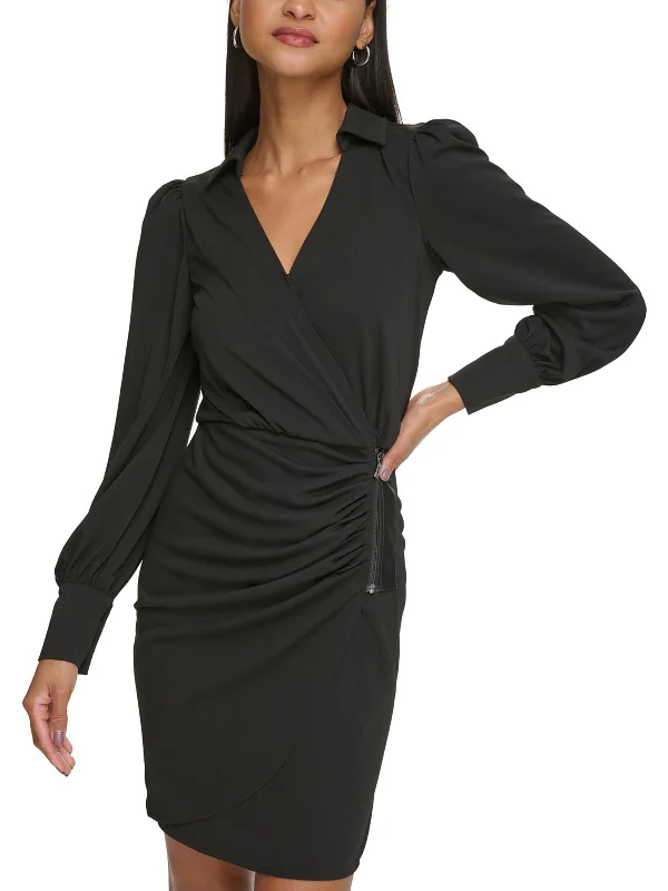 Womens Ruched Faux Wrap Mini Dress