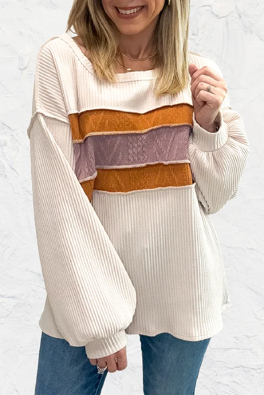 Corded Exposed Seam Knit Patchwork Drop Sleeve Top