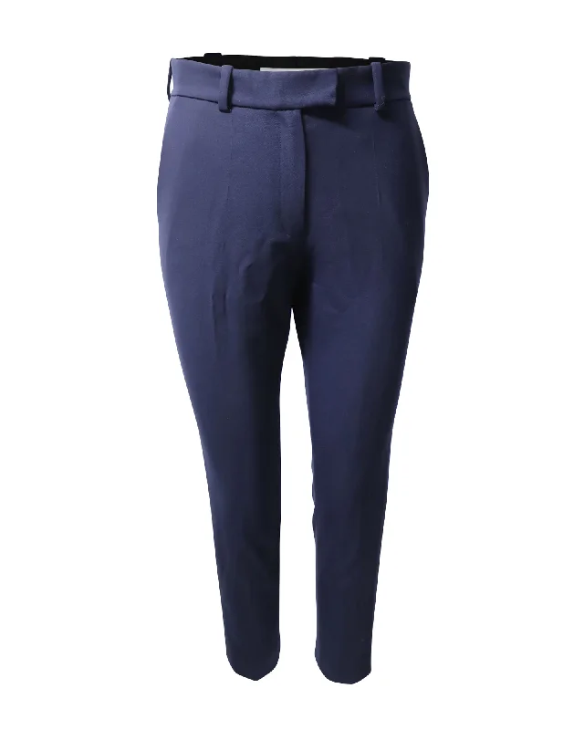 Racil Cropped Cigarette Trousers with Black Side Stripe in Navy Blue Wool