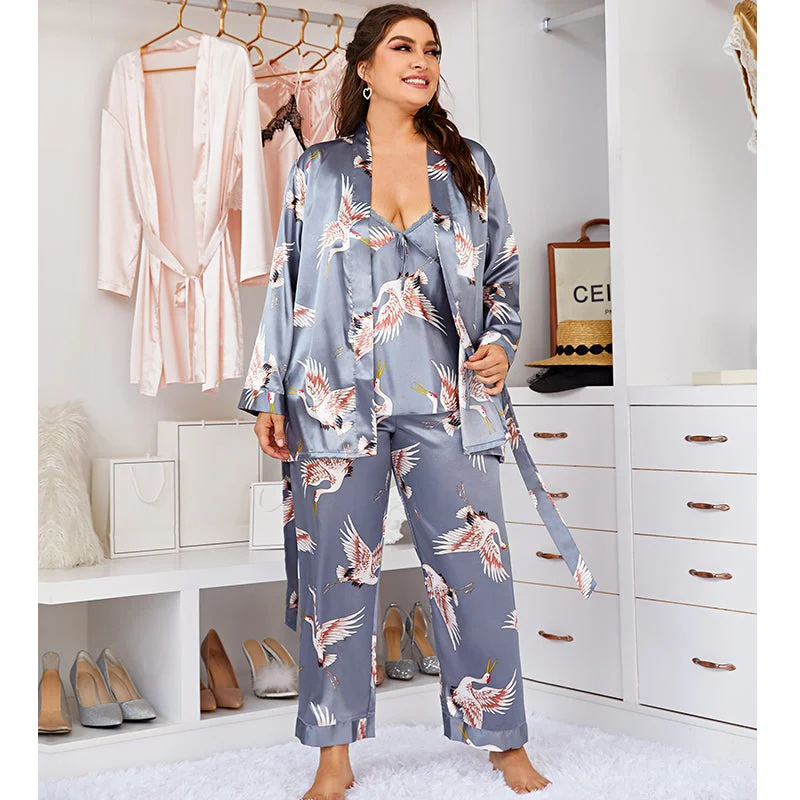 3 Pics Peacock Printed Satin Silk Pajama Set STZ1320