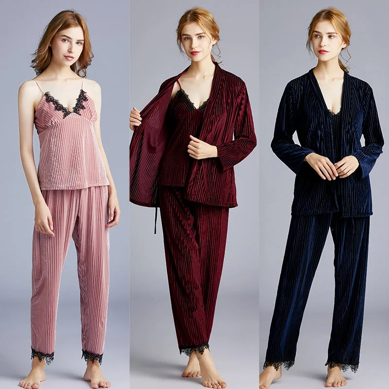 3 Pics Women Lace Velvet Pajama Set 1276