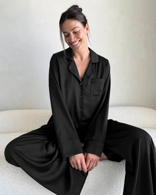 Black Satin Silk PJ Set