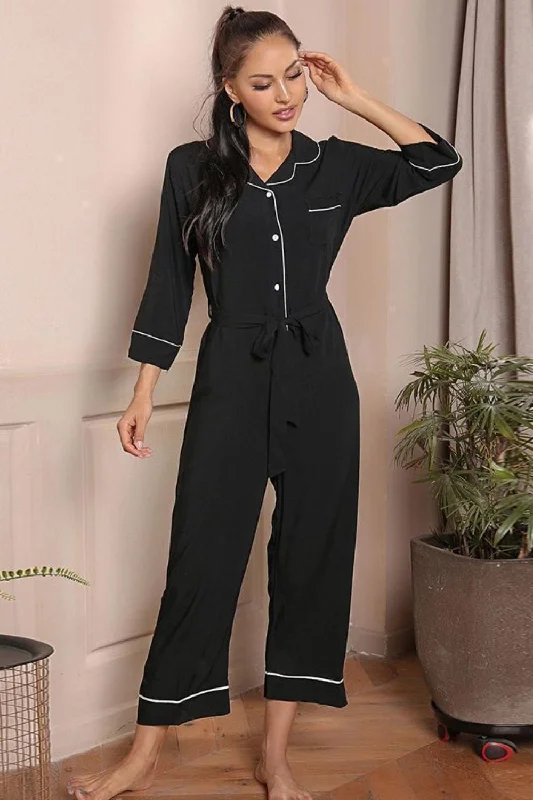 Contrast Belted Lapel Collar Jumpsuit