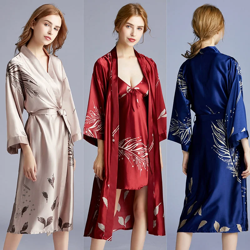 Feather Printed Long Camel Pajama Robe WP1273